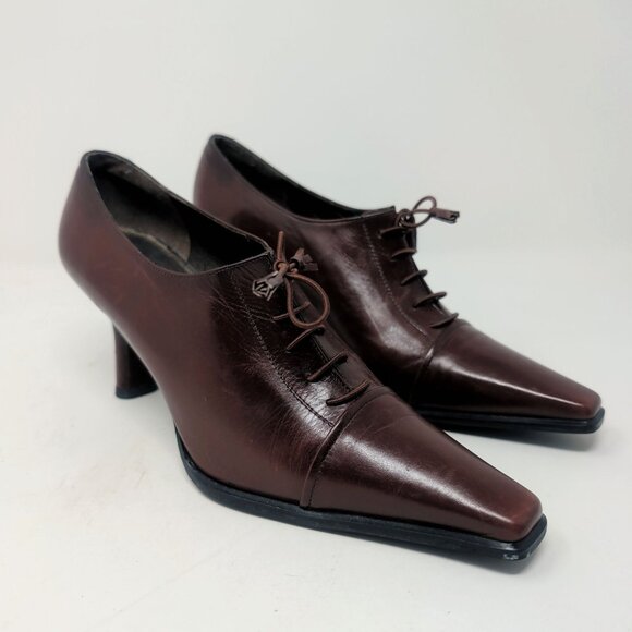 Stuart Weitzman Oxford Heels Shoes 5.5 Brown Square Toe - Picture 5 of 11